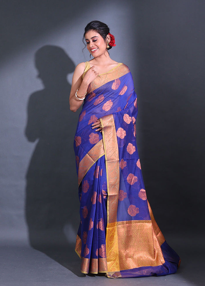 Blue Pure Cotton Saree With Blouse Piece - Indian Silk House Agencies