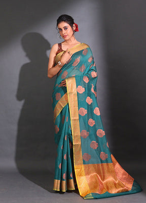 Teal Pure Cotton Saree With Blouse Piece - Indian Silk House Agencies