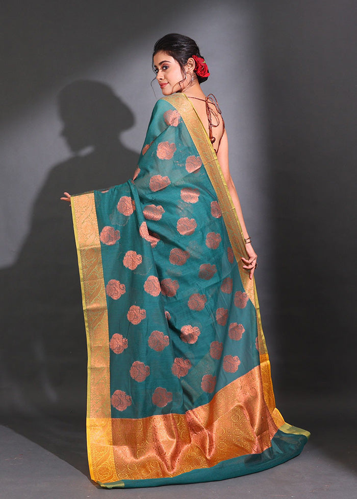 Teal Pure Cotton Saree With Blouse Piece - Indian Silk House Agencies