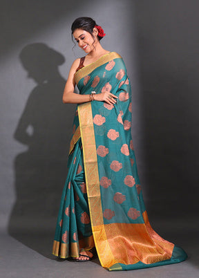 Teal Pure Cotton Saree With Blouse Piece - Indian Silk House Agencies