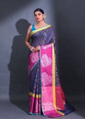 Navy Blue Pure Cotton Saree With Blouse Piece - Indian Silk House Agencies