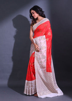 Red Spun Silk Saree With Blouse Piece - Indian Silk House Agencies