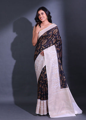 Black Spun Silk Saree With Blouse Piece - Indian Silk House Agencies