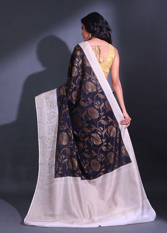 Black Spun Silk Saree With Blouse Piece - Indian Silk House Agencies