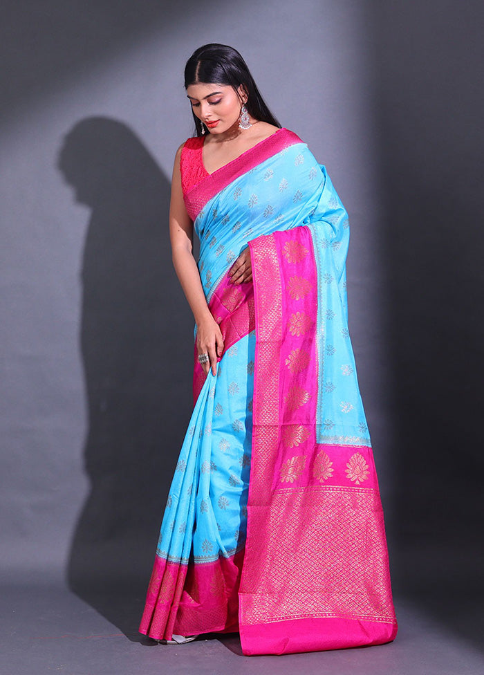 Blue Spun Silk Saree With Blouse Piece - Indian Silk House Agencies