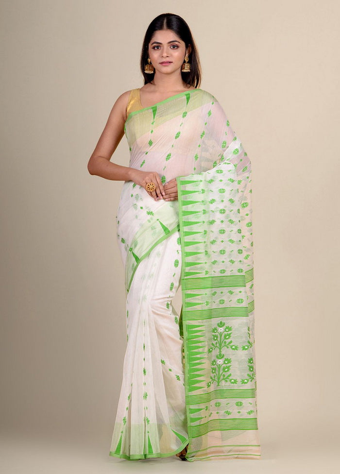 White Cotton Handwoven Jamdani Saree - Indian Silk House Agencies