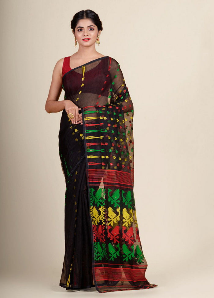 Black Cotton Handwoven Jamdani Saree - Indian Silk House Agencies