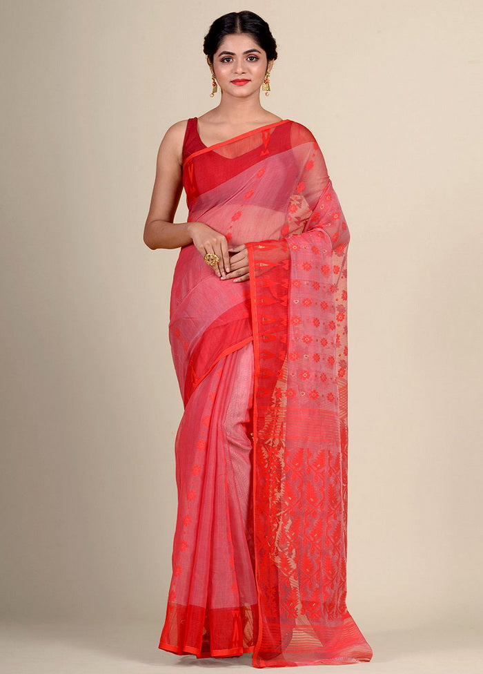 Red Cotton Handwoven Jamdani Saree - Indian Silk House Agencies