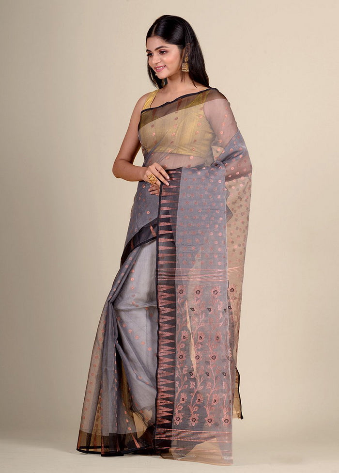 Grey Resham Handwoven Jamdani Saree Without Blouse Piece - Indian Silk House Agencies