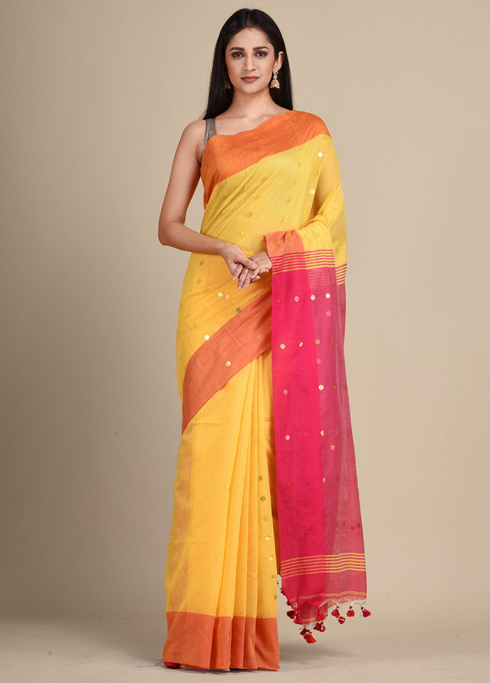 Yellow Cotton Handloom Saree With Blouse - Indian Silk House Agencies