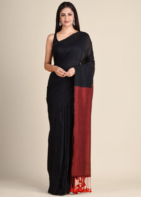 Black Pure Cotton Handloom Saree With Blouse - Indian Silk House Agencies