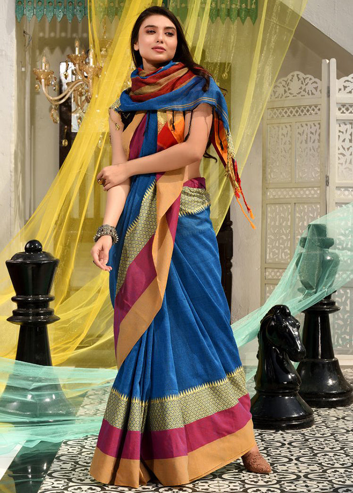 Blue Pure Cotton Temple Design Saree With Blouse - Indian Silk House Agencies