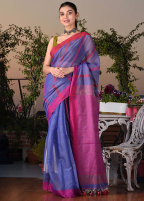 Cobalt Blue Cotton Textured Saree With Blouse - Indian Silk House Agencies