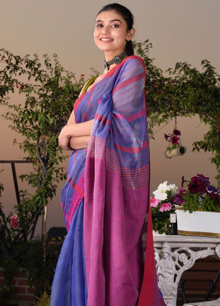 Cobalt Blue Cotton Textured Saree With Blouse - Indian Silk House Agencies