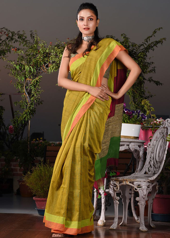 Mustard Pure Cotton Embellished Saree With Blouse - Indian Silk House Agencies