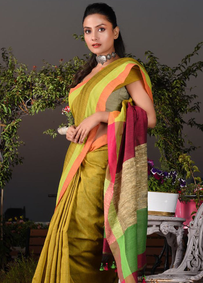 Mustard Pure Cotton Embellished Saree With Blouse - Indian Silk House Agencies