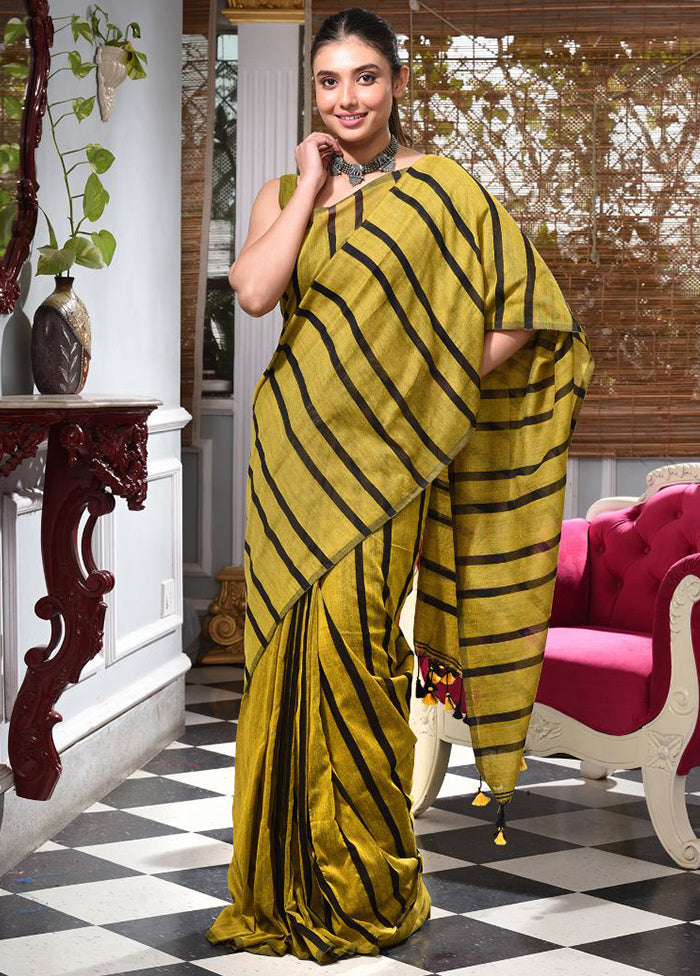 Mustard Pure Cotton Striped Design Saree With Blouse - Indian Silk House Agencies