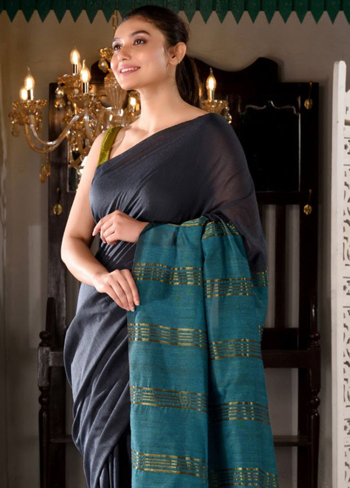 Black Pure Cotton Embellished Saree With Blouse - Indian Silk House Agencies