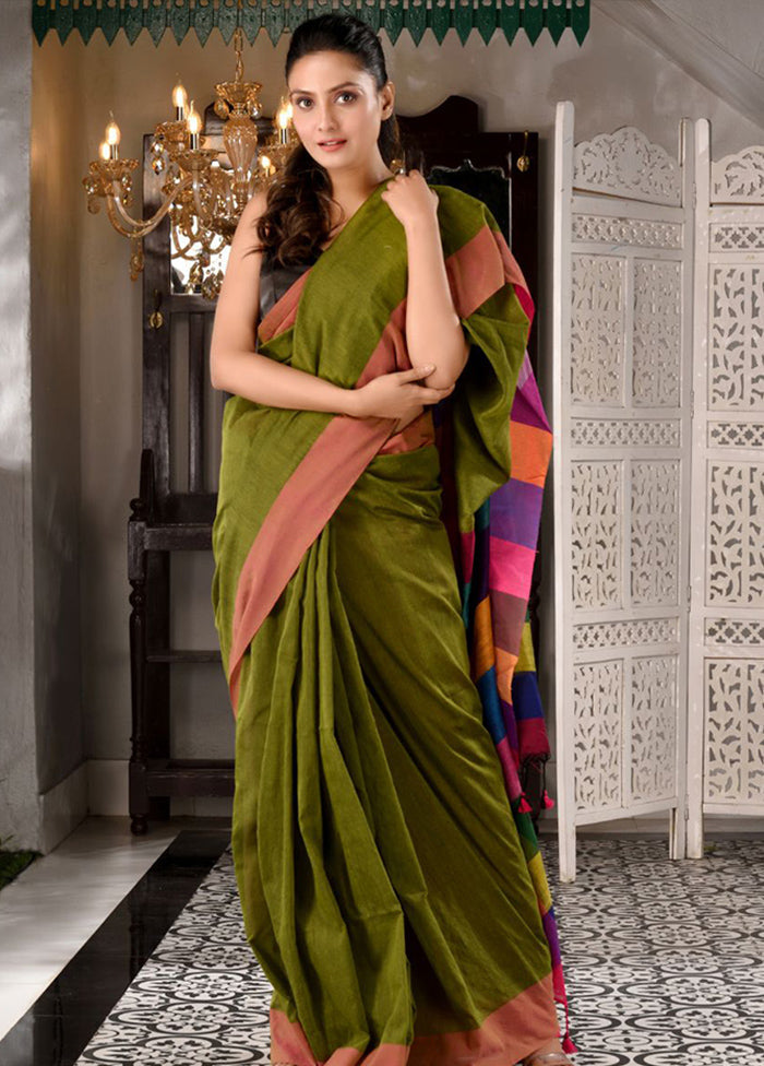 Sap Green Pure Cotton Textured Saree With Blouse - Indian Silk House Agencies