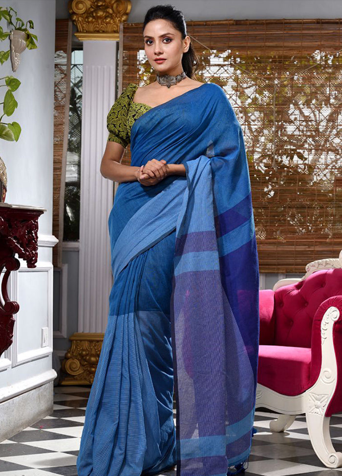 Blue Pure Cotton Textured Saree With Blouse - Indian Silk House Agencies