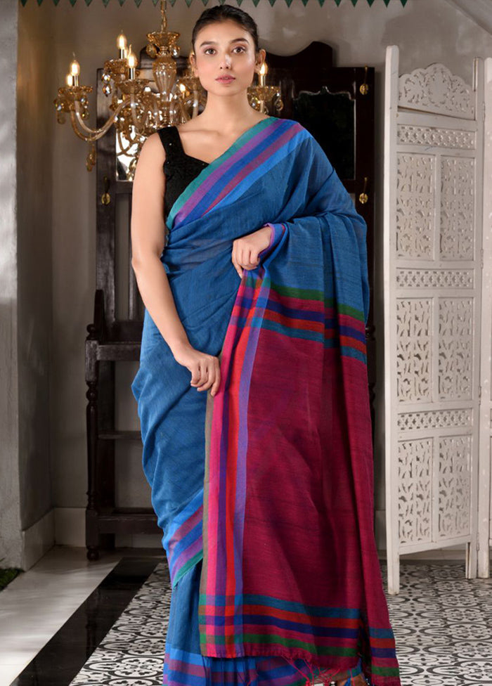 Blue Pure Cotton Textured Saree With Blouse - Indian Silk House Agencies