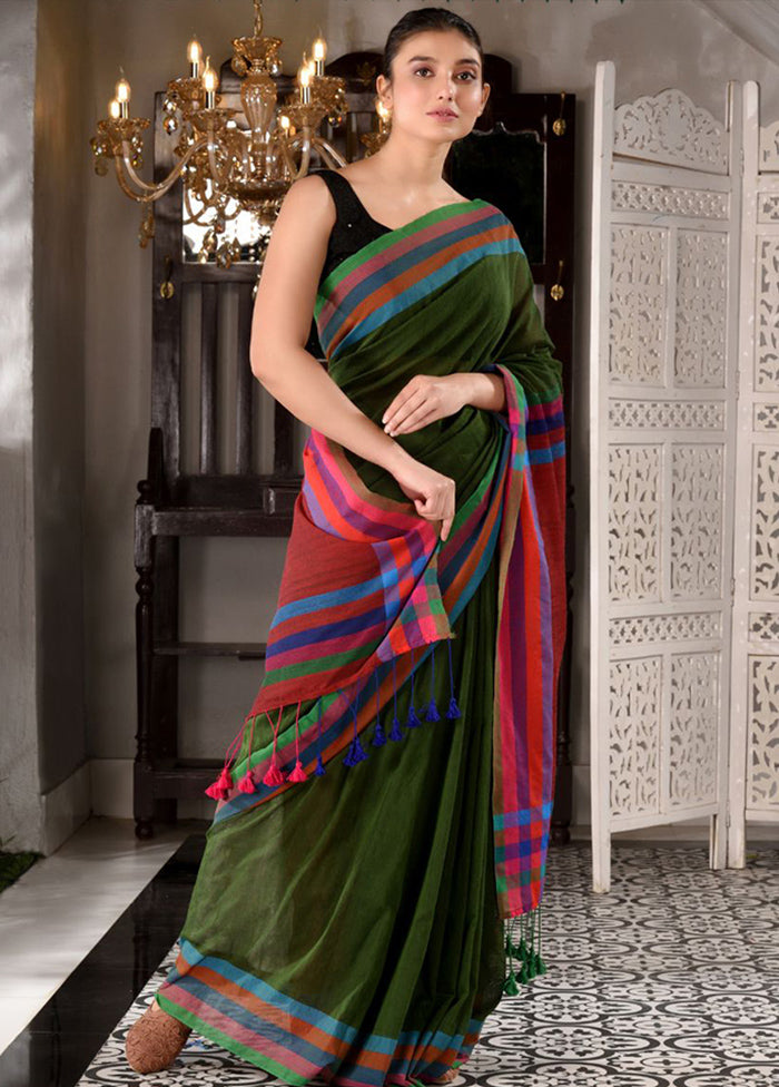 Green Pure Cotton Textured Saree With Blouse - Indian Silk House Agencies