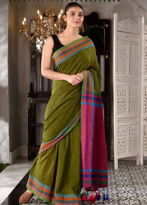 Sap Green Pure Cotton Textured Saree With Blouse - Indian Silk House Agencies