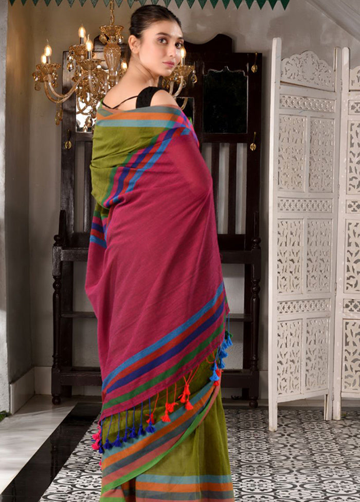 Sap Green Pure Cotton Textured Saree With Blouse - Indian Silk House Agencies