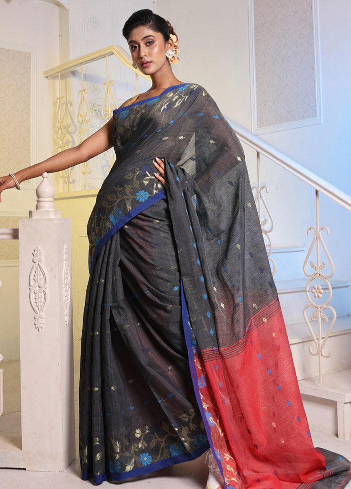 Dark Grey Cotton Saree With Blouse Piece - Indian Silk House Agencies