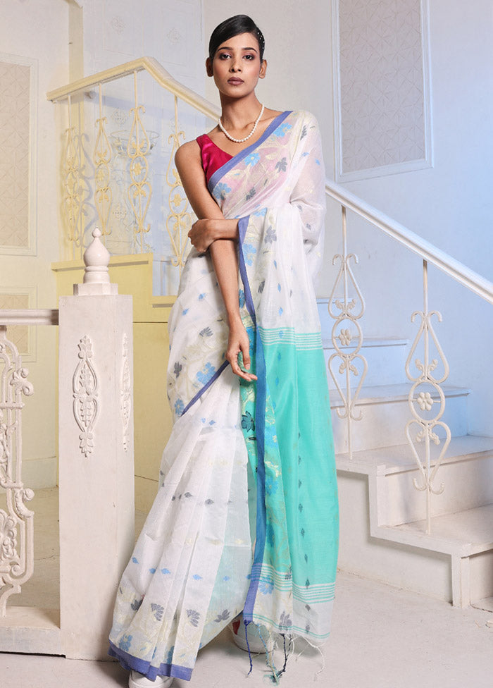 White Cotton Saree With Blouse Piece - Indian Silk House Agencies