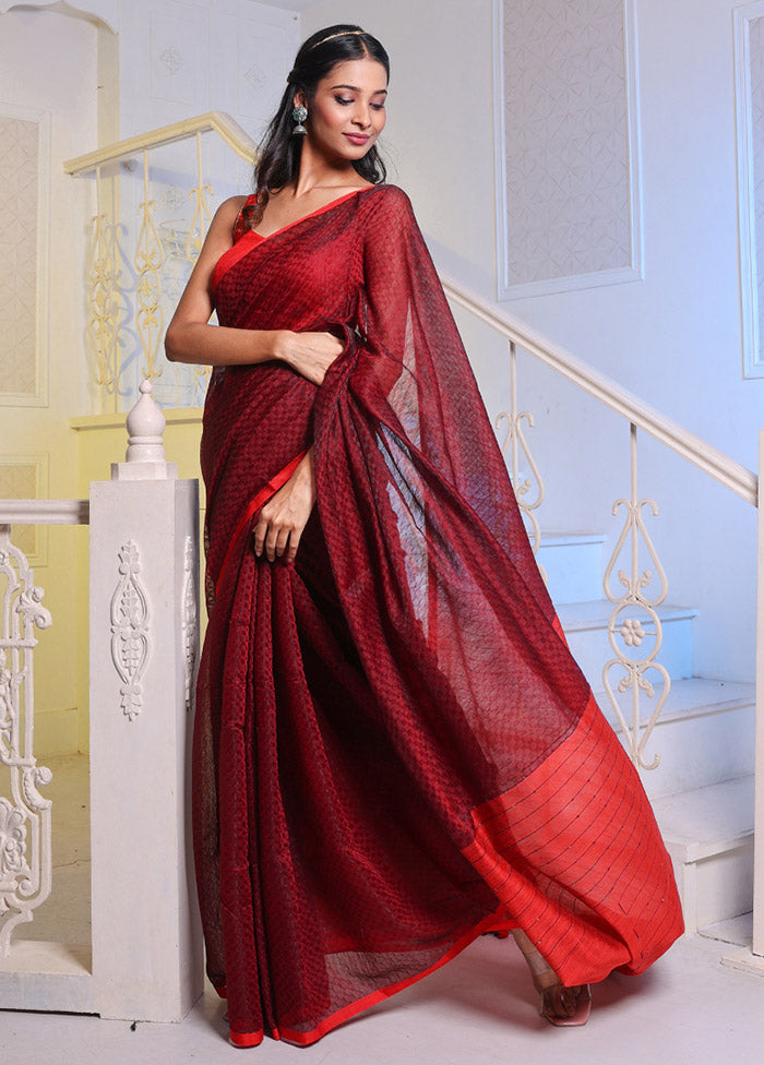 Maroon Cotton Saree With Blouse Piece - Indian Silk House Agencies