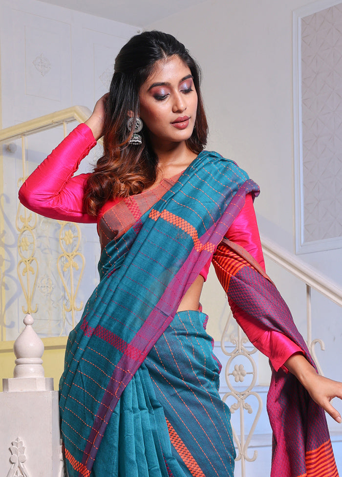 Teal Cotton Saree With Blouse Piece - Indian Silk House Agencies