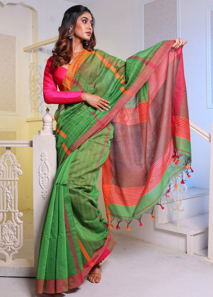 Parrot Green Cotton Saree With Blouse Piece - Indian Silk House Agencies