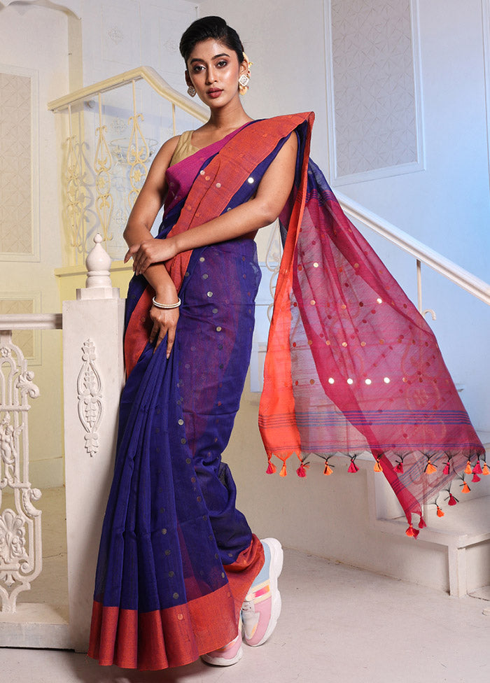 Navy Blue Cotton Saree With Blouse Piece - Indian Silk House Agencies