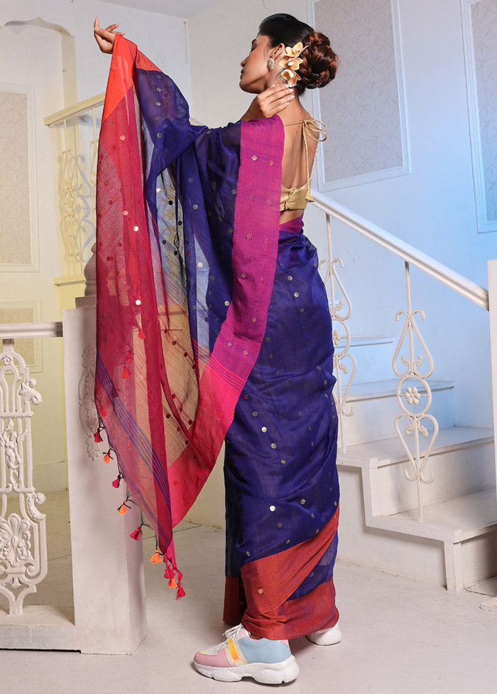 Navy Blue Cotton Saree With Blouse Piece - Indian Silk House Agencies