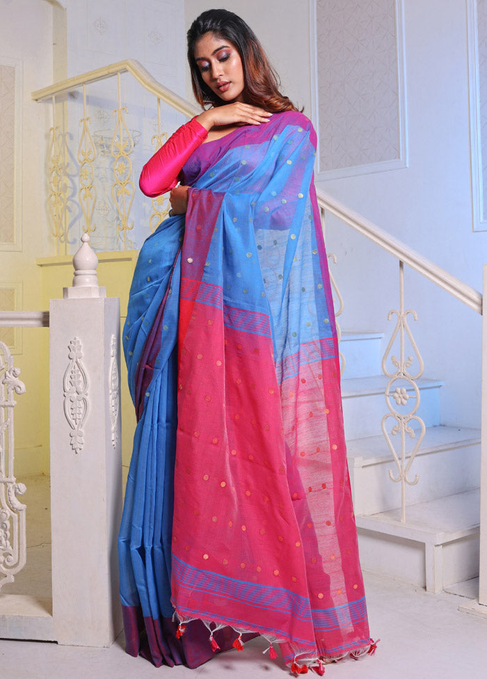 Sky Blue Cotton Saree With Blouse Piece - Indian Silk House Agencies