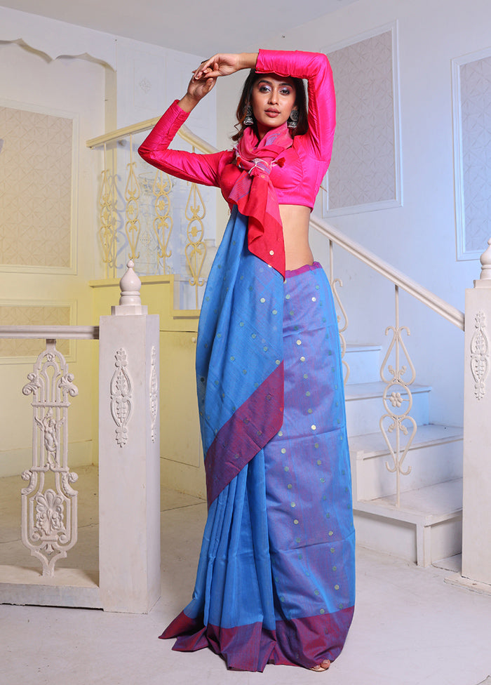 Sky Blue Cotton Saree With Blouse Piece - Indian Silk House Agencies