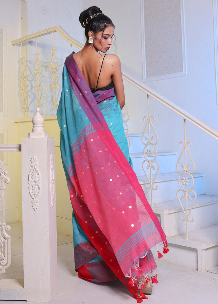 Sea Green Cotton Saree With Blouse Piece - Indian Silk House Agencies