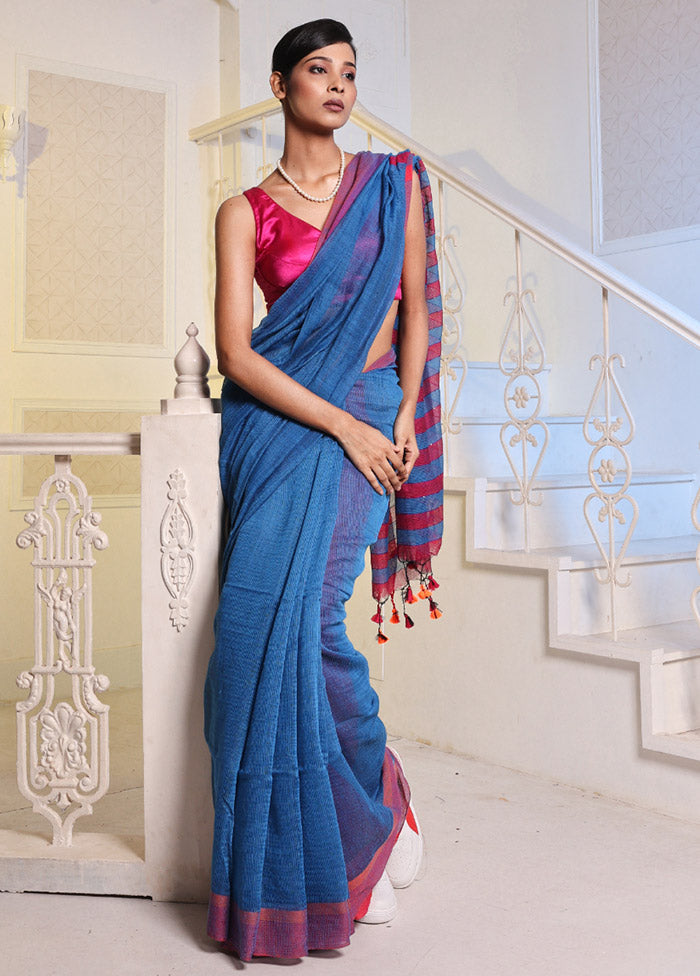 Blue Cotton Saree With Blouse Piece - Indian Silk House Agencies