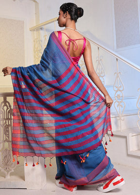 Blue Cotton Saree With Blouse Piece - Indian Silk House Agencies