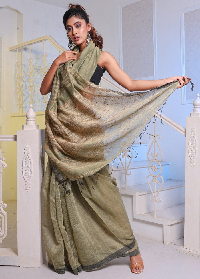 Green Cotton Saree With Blouse Piece - Indian Silk House Agencies