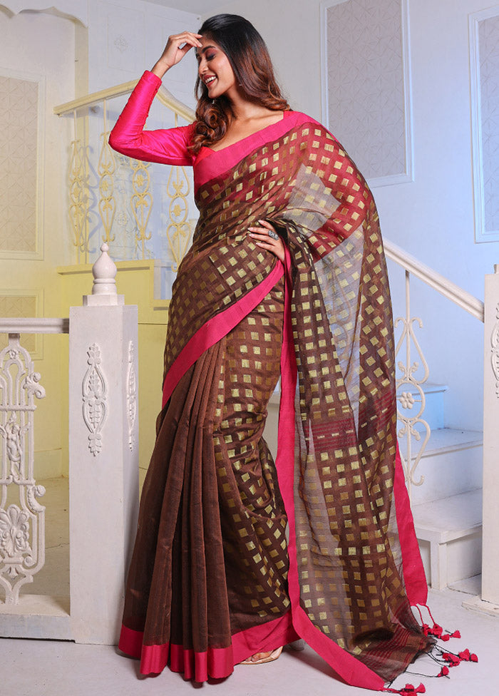 Brown Cotton Saree With Blouse Piece - Indian Silk House Agencies