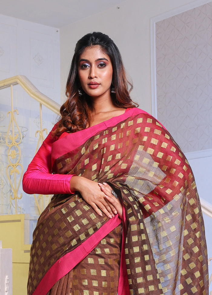 Brown Cotton Saree With Blouse Piece - Indian Silk House Agencies