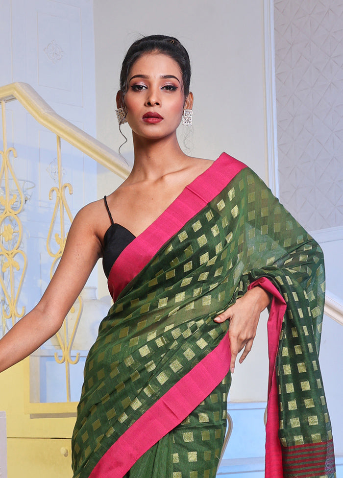 Green Cotton Saree With Blouse Piece - Indian Silk House Agencies