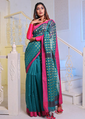 Teal Cotton Saree With Blouse Piece - Indian Silk House Agencies