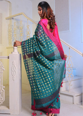 Teal Cotton Saree With Blouse Piece - Indian Silk House Agencies