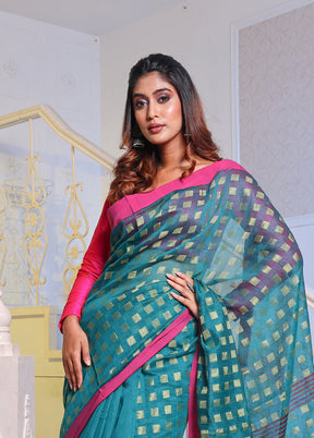 Teal Cotton Saree With Blouse Piece - Indian Silk House Agencies