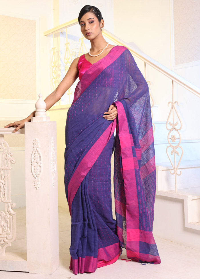 Blue Pure Cotton Saree With Blouse Piece - Indian Silk House Agencies