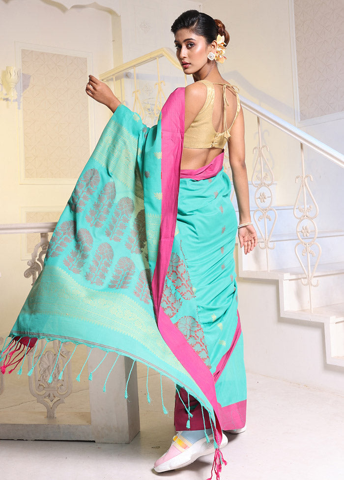 Sea Green Pure Cotton Saree With Blouse Piece - Indian Silk House Agencies