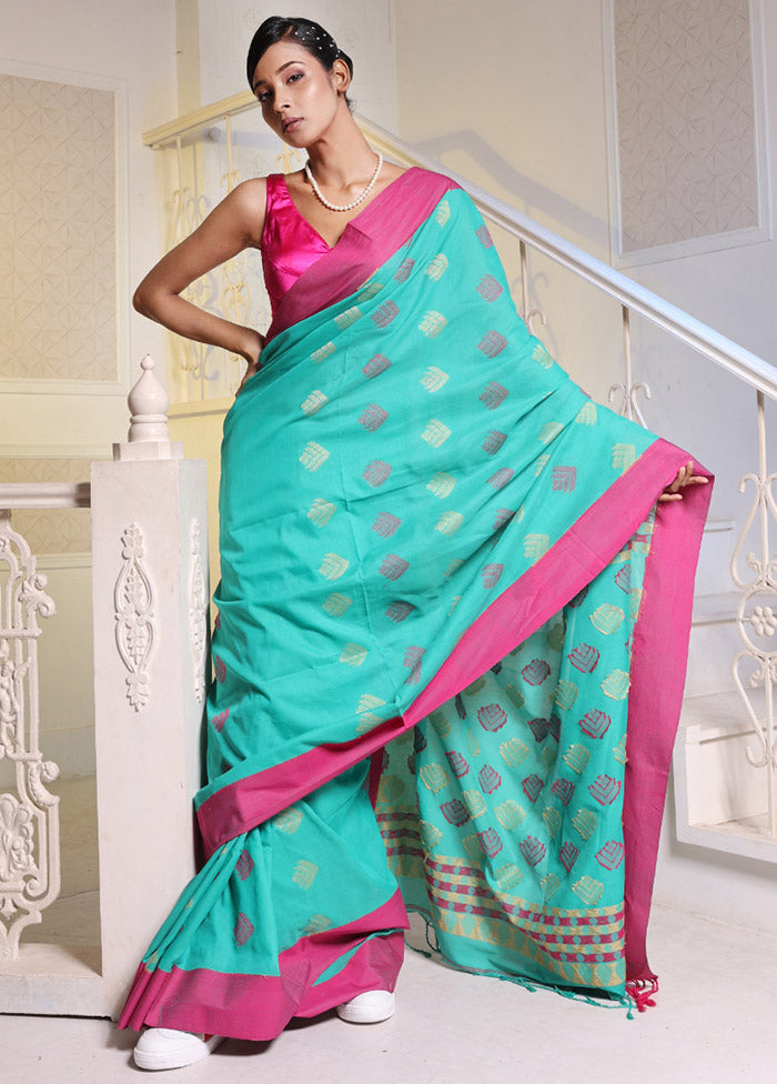 Sea Green Pure Cotton Saree With Blouse Piece - Indian Silk House Agencies